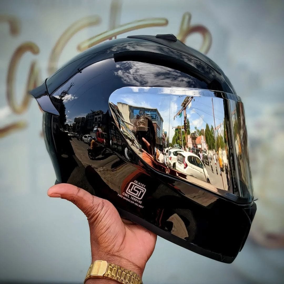 VEGA BOLT GLOSSY BLACK full face helmet( mirror visor fitted) - Image 3