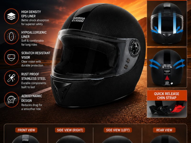 STUDDS CHROME ELITE Full Face Helmet (Black, XS)