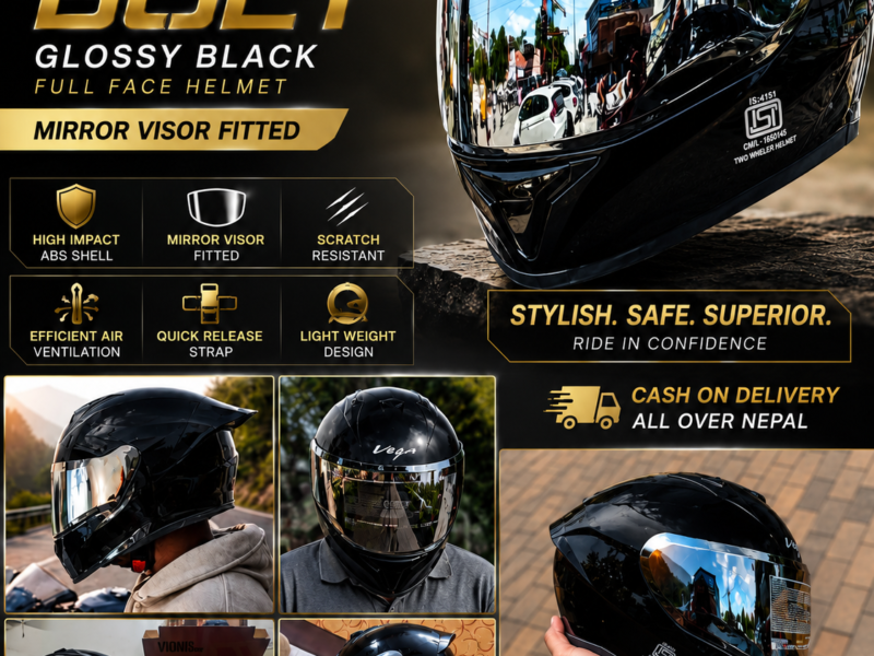 VEGA BOLT GLOSSY BLACK full face helmet( mirror visor fitted)