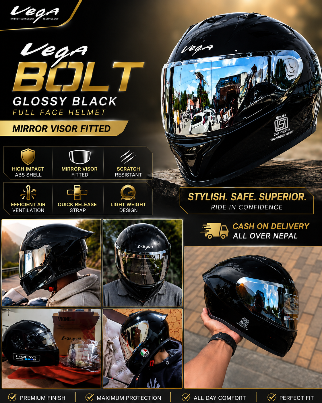 VEGA BOLT GLOSSY BLACK full face helmet( mirror visor fitted)