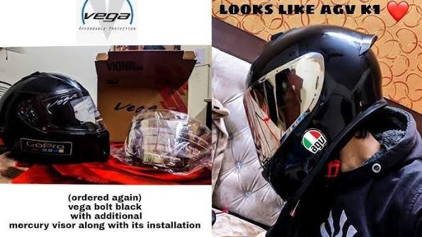 VEGA BOLT GLOSSY BLACK full face helmet( mirror visor fitted) - Image 6