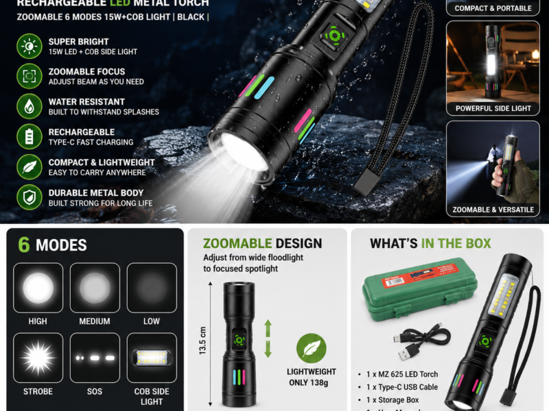 MZ 625 (RECHAREABLE LED METAL TORCH) Zoomable 6 Modes 15W+COB Light |BLACK|